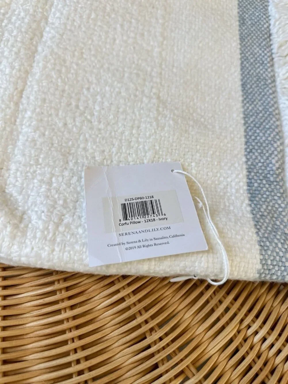 NEW Serena & Lily Corfu Coastal Pillow Cover (12”x18”)-Ivory/White/Coastal Blue